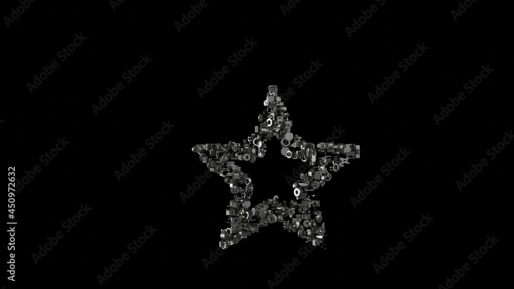 Poster 3d rendering mechanical parts in shape of symbol of bookmark button isolated on black background