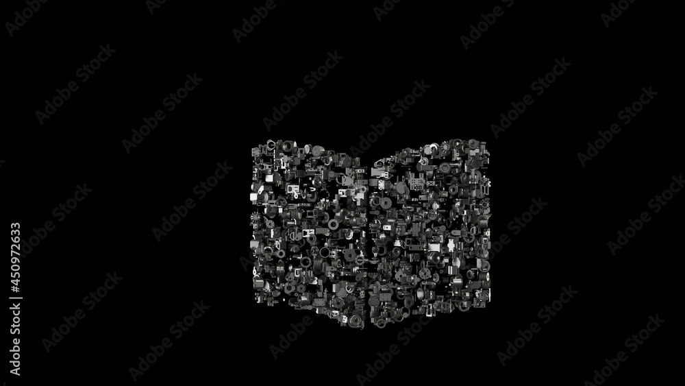 Wall mural 3d rendering mechanical parts in shape of symbol of book open isolated on black background