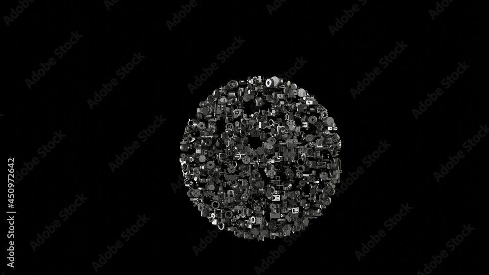 Poster 3d rendering mechanical parts in shape of symbol of bowling ball isolated on black background