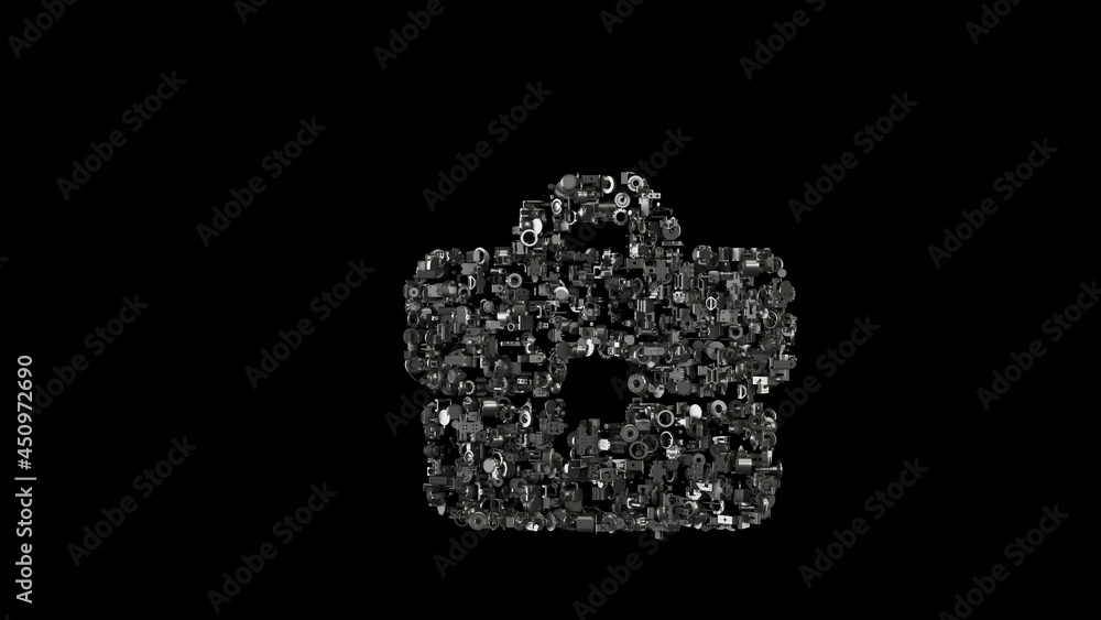 Aufkleber 3d rendering mechanical parts in shape of symbol of briefcase isolated on black background