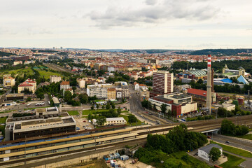 Aerial view of the Holesovice rail station in Prague.