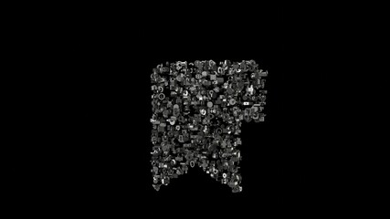 3d rendering mechanical parts in shape of symbol of bookmark isolated on black background