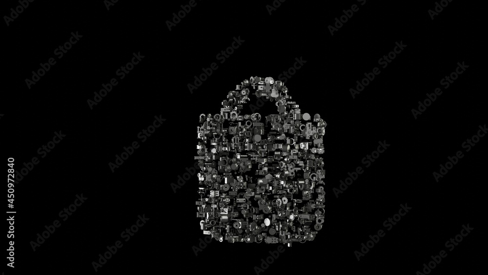 Poster 3d rendering mechanical parts in shape of symbol of bag isolated on black background