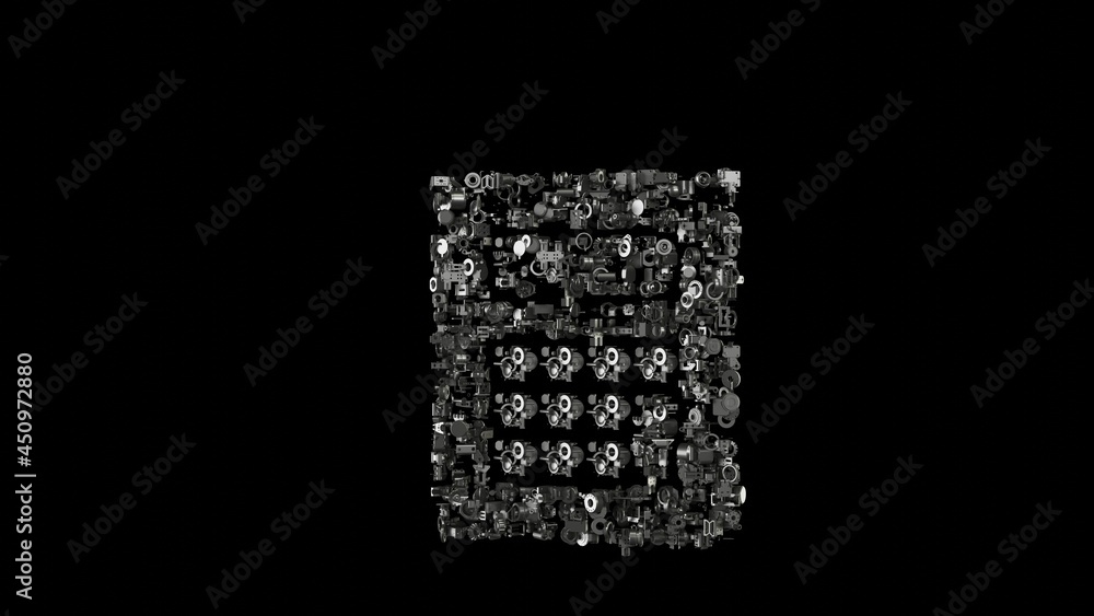 Poster 3d rendering mechanical parts in shape of symbol of calculator isolated on black background