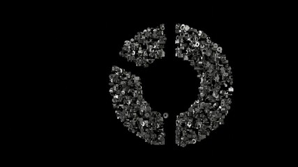 3d rendering mechanical parts in shape of symbol of pie chart isolated on black background