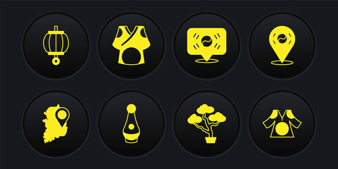 Set South Korea map, Location, Soju bottle, Bonsai tree, Kimono, and Korean lantern icon. Vector