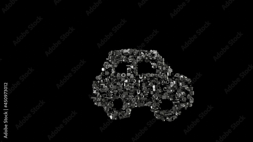 Poster 3d rendering mechanical parts in shape of symbol of car side isolated on black background