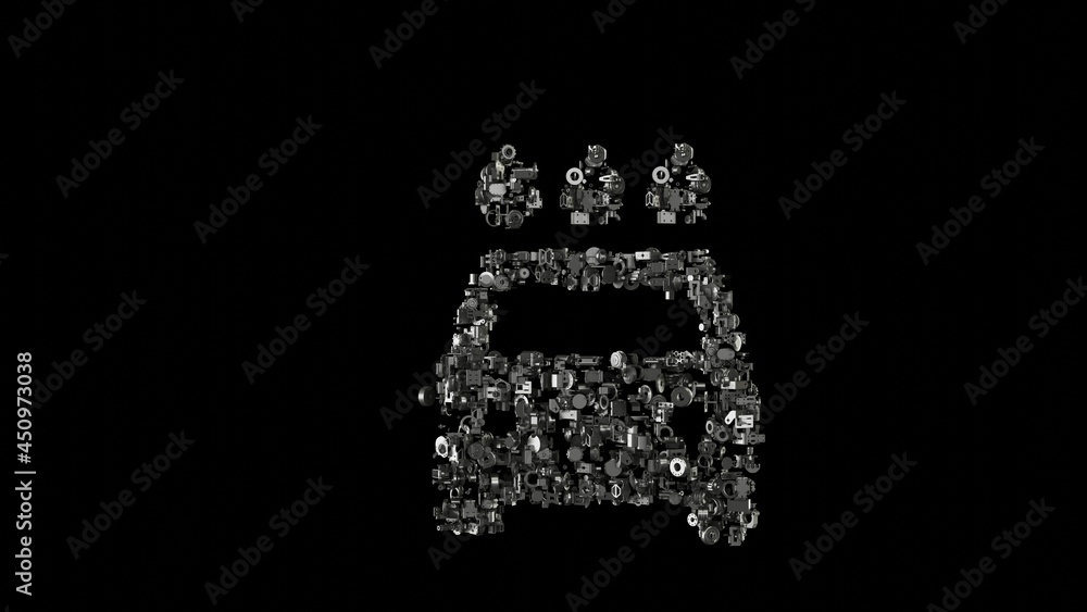 Poster 3d rendering mechanical parts in shape of symbol of car wash isolated on black background