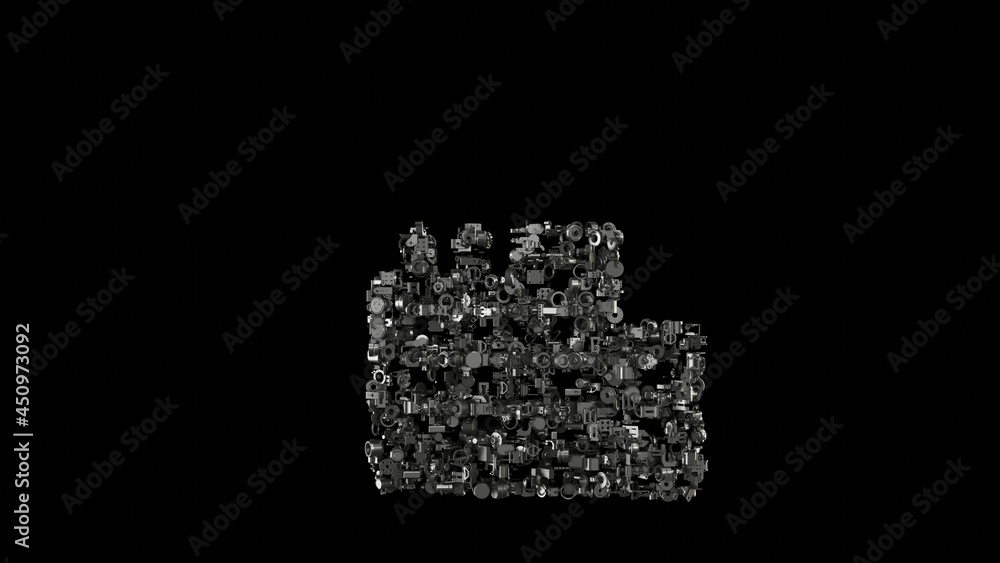 Poster 3d rendering mechanical parts in shape of symbol of city isolated on black background