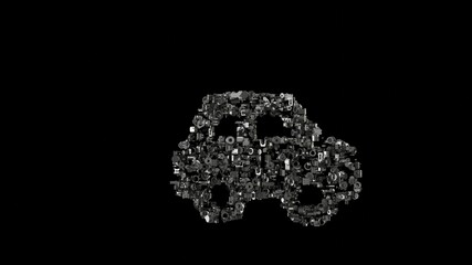 3d rendering mechanical parts in shape of symbol of car side isolated on black background