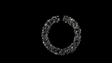 3d rendering mechanical parts in shape of symbol of circle notch isolated on black background