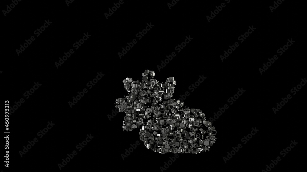Poster 3d rendering mechanical parts in shape of symbol of cloud sun isolated on black background