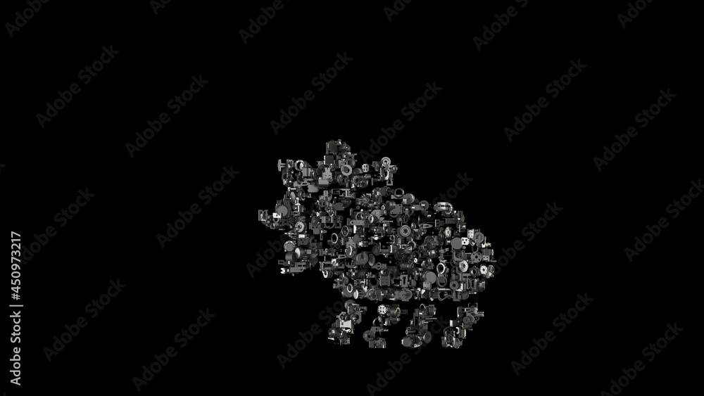 Poster 3d rendering mechanical parts in shape of symbol of cloud sun rain isolated on black background