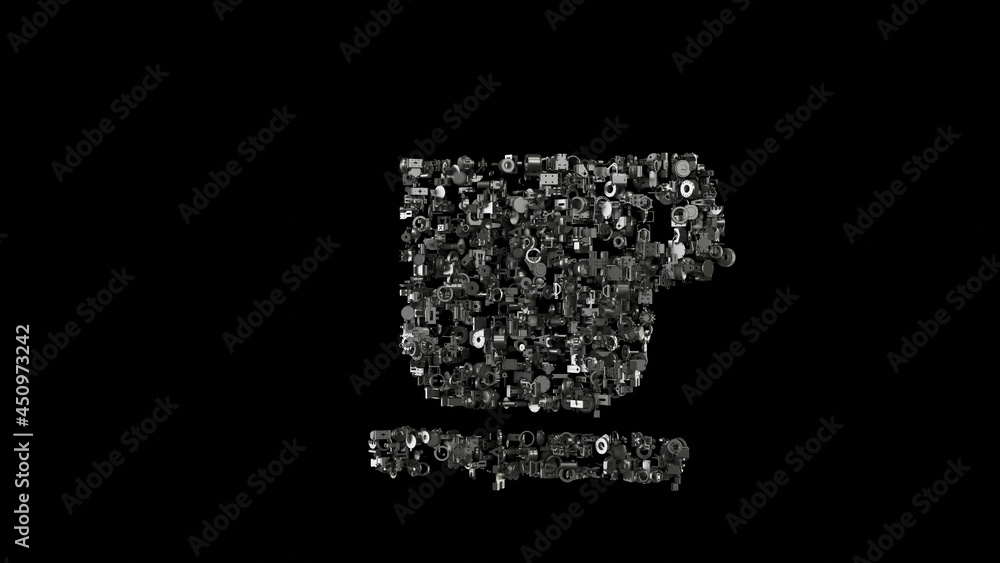 Poster 3d rendering mechanical parts in shape of symbol of coffee mug isolated on black background
