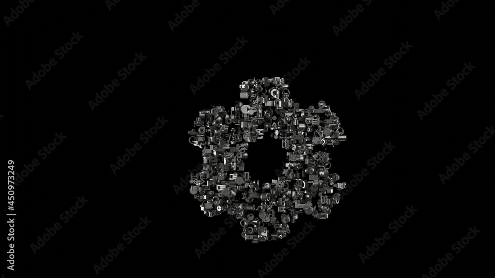 Poster 3d rendering mechanical parts in shape of symbol of cogwheel isolated on black background