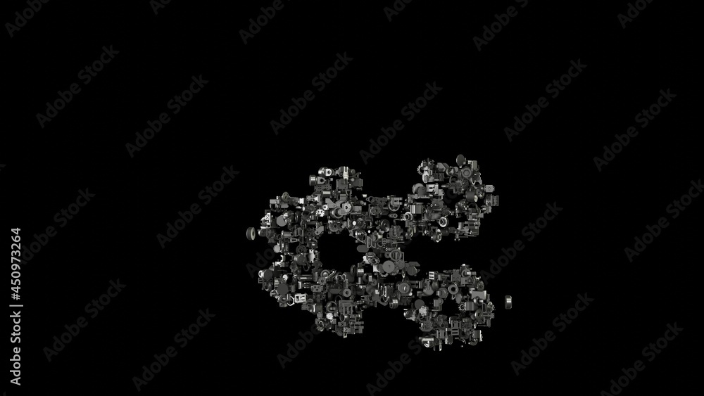 Poster 3d rendering mechanical parts in shape of symbol of cogwheels isolated on black background