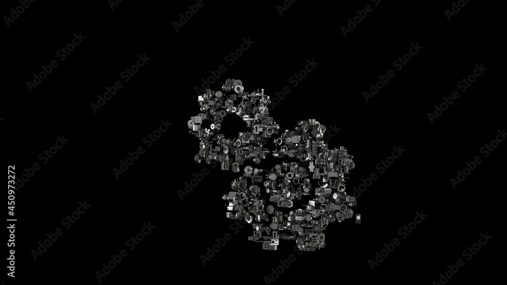 Poster 3d rendering mechanical parts in shape of symbol of cogwheel isolated on black background