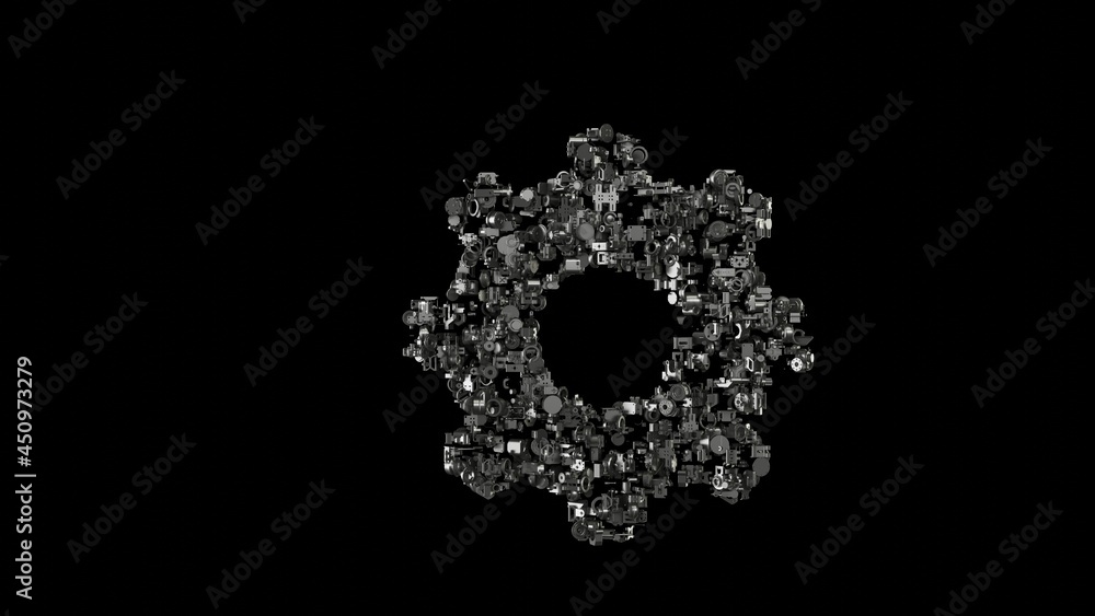 Poster 3d rendering mechanical parts in shape of symbol of cogwheel isolated on black background
