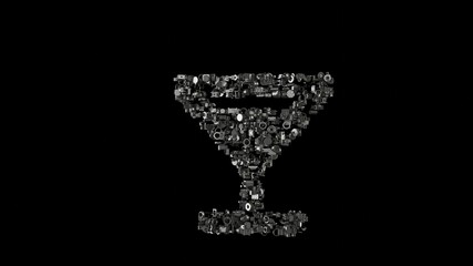 3d rendering mechanical parts in shape of symbol of cocktail glass isolated on black background