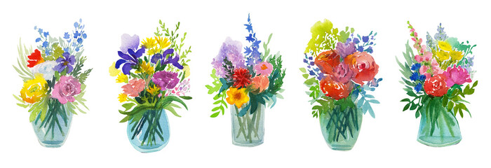 Bouquet of watercolor wildflowers in a glass vase. Stock watercolor illustration