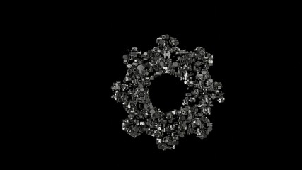3d rendering mechanical parts in shape of symbol of cogwheel isolated on black background