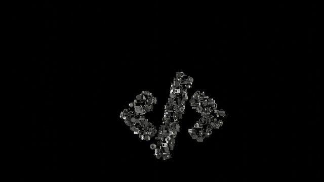 3d rendering mechanical parts in shape of symbol of code tag isolated on black background