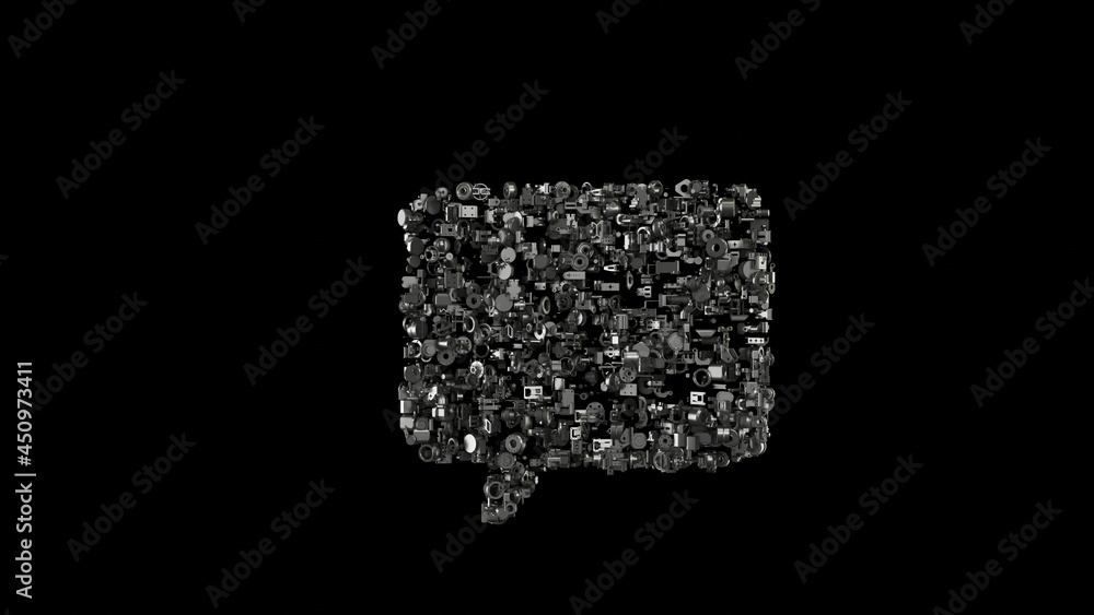 Poster 3d rendering mechanical parts in shape of symbol of rounded chat bubble isolated on black background