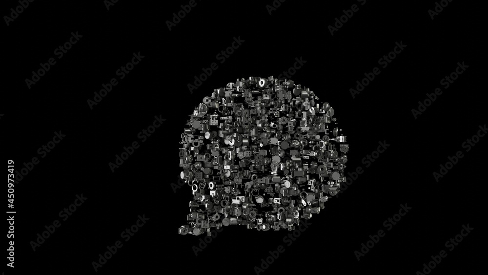 Poster 3d rendering mechanical parts in shape of symbol of rounded chat bubble isolated on black background