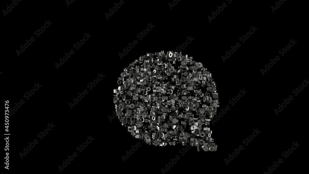 Poster 3d rendering mechanical parts in shape of symbol of rounded chat bubble isolated on black background