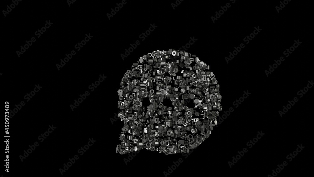 Poster 3d rendering mechanical parts in shape of symbol of rounded chat bubble isolated on black background