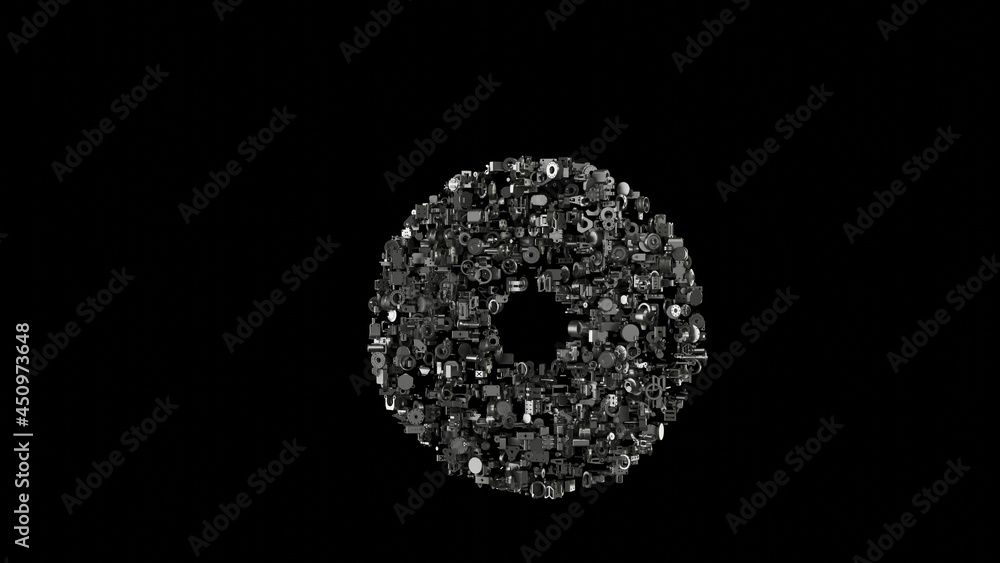 Poster 3d rendering mechanical parts in shape of symbol of compact disc isolated on black background