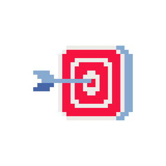 Obraz premium Target and arrow. Advertise icon. Pixel art style. Goal setting. Achievement and success. 8-bit sprite. Isolated abstract vector illustration. Design for app, logo and sticker.