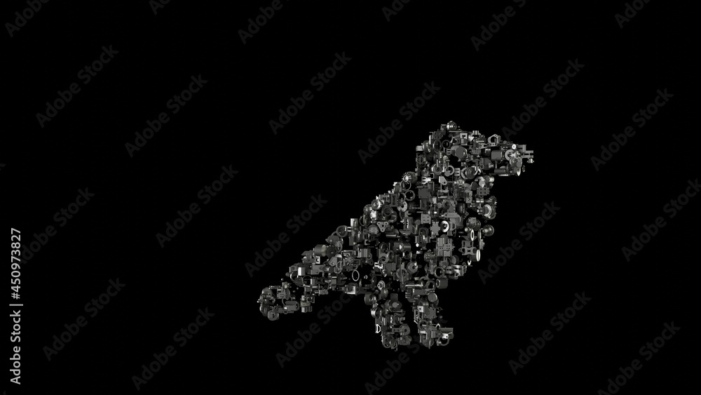 Poster 3d rendering mechanical parts in shape of symbol of crow isolated on black background