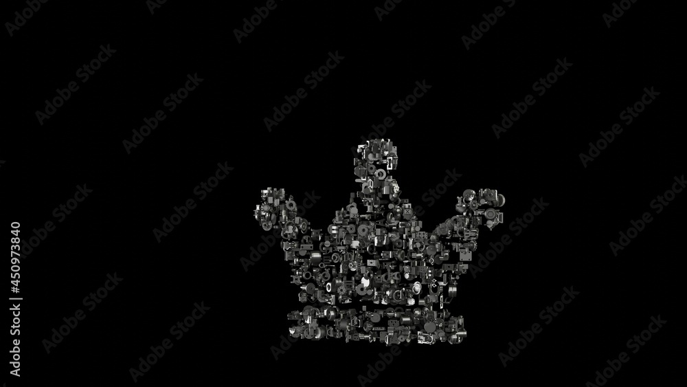 Poster 3d rendering mechanical parts in shape of symbol of crown isolated on black background