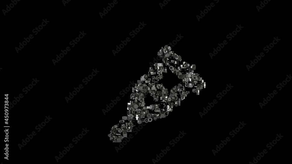 Poster 3d rendering mechanical parts in shape of symbol of crutch isolated on black background