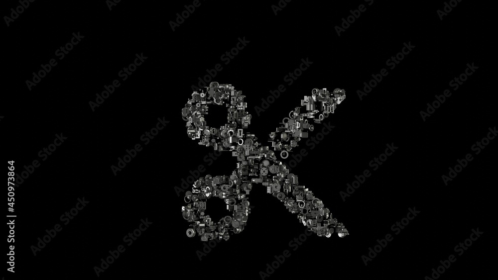 Poster 3d rendering mechanical parts in shape of symbol of cut isolated on black background