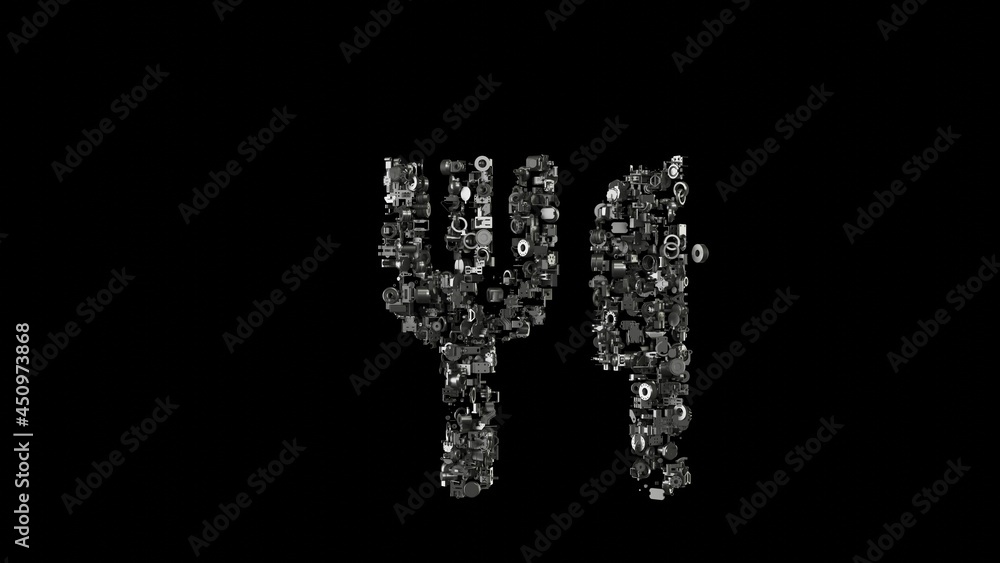 Poster 3d rendering mechanical parts in shape of symbol of cutlery isolated on black background