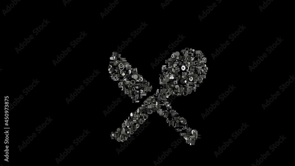 Poster 3d rendering mechanical parts in shape of symbol of cutlery isolated on black background