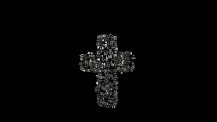 3d rendering mechanical parts in shape of symbol of cross isolated on black background