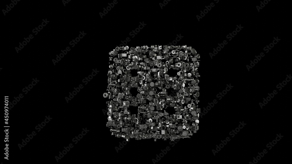 Poster 3d rendering mechanical parts in shape of symbol of dice six isolated on black background