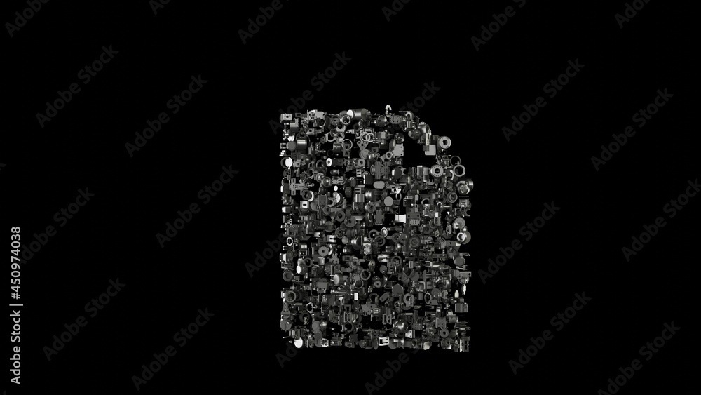 Poster 3d rendering mechanical parts in shape of symbol of diploma isolated on black background