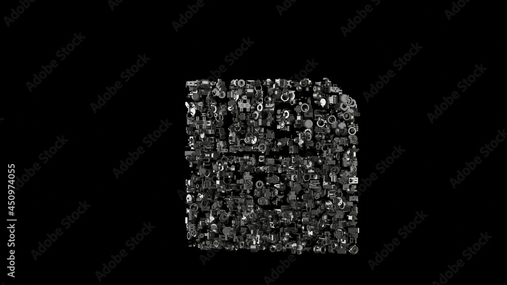 Poster 3d rendering mechanical parts in shape of symbol of diskette isolated on black background