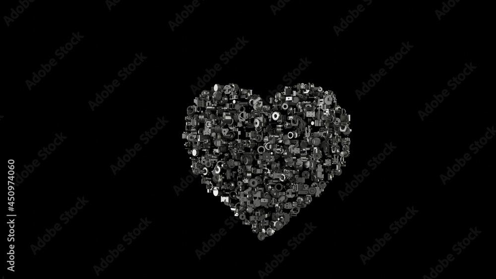 Poster 3d rendering mechanical parts in shape of symbol of dislike isolated on black background