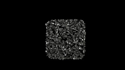 3d rendering mechanical parts in shape of symbol of dice one isolated on black background