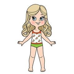 Cute cartoon girl with long curly hair dressed in underwear with cherry ornament and barefoot color variation on a white background