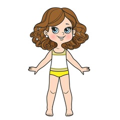 Cute cartoon girl with lush curly hair dressed in underwear and barefoot color variation on a white background