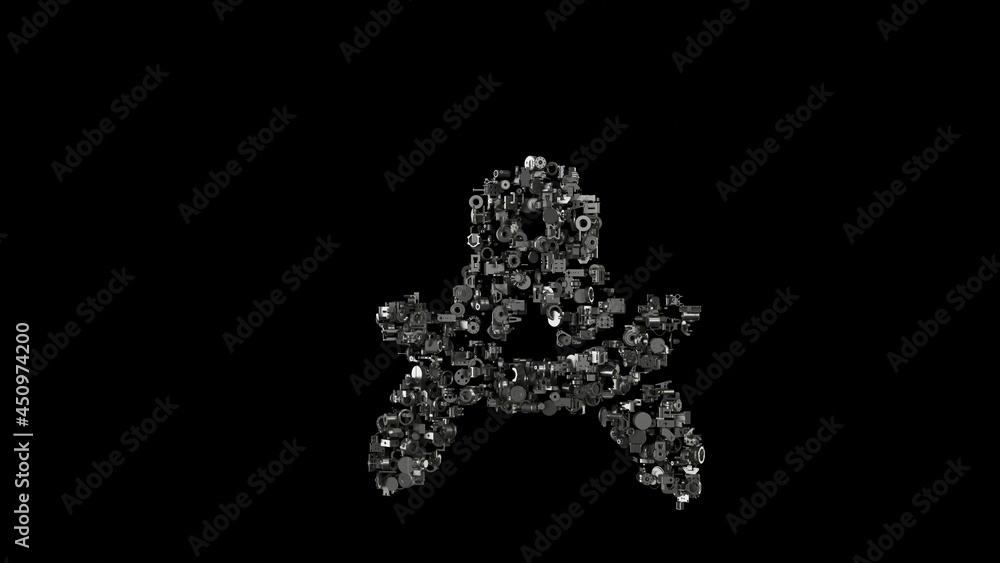 Poster 3d rendering mechanical parts in shape of symbol of drafting compass isolated on black background