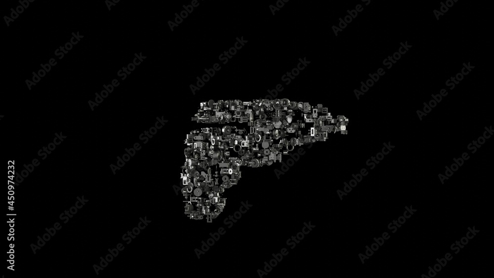 Poster 3d rendering mechanical parts in shape of symbol of drill isolated on black background