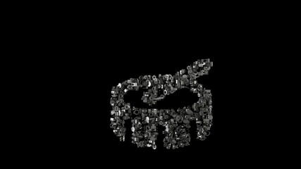 3d rendering mechanical parts in shape of symbol of drum isolated on black background