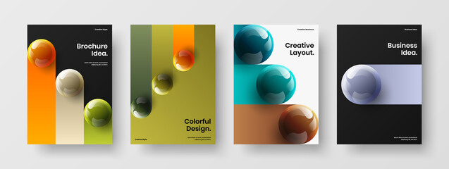 Amazing company cover A4 design vector template set. Colorful 3D spheres banner illustration composition.